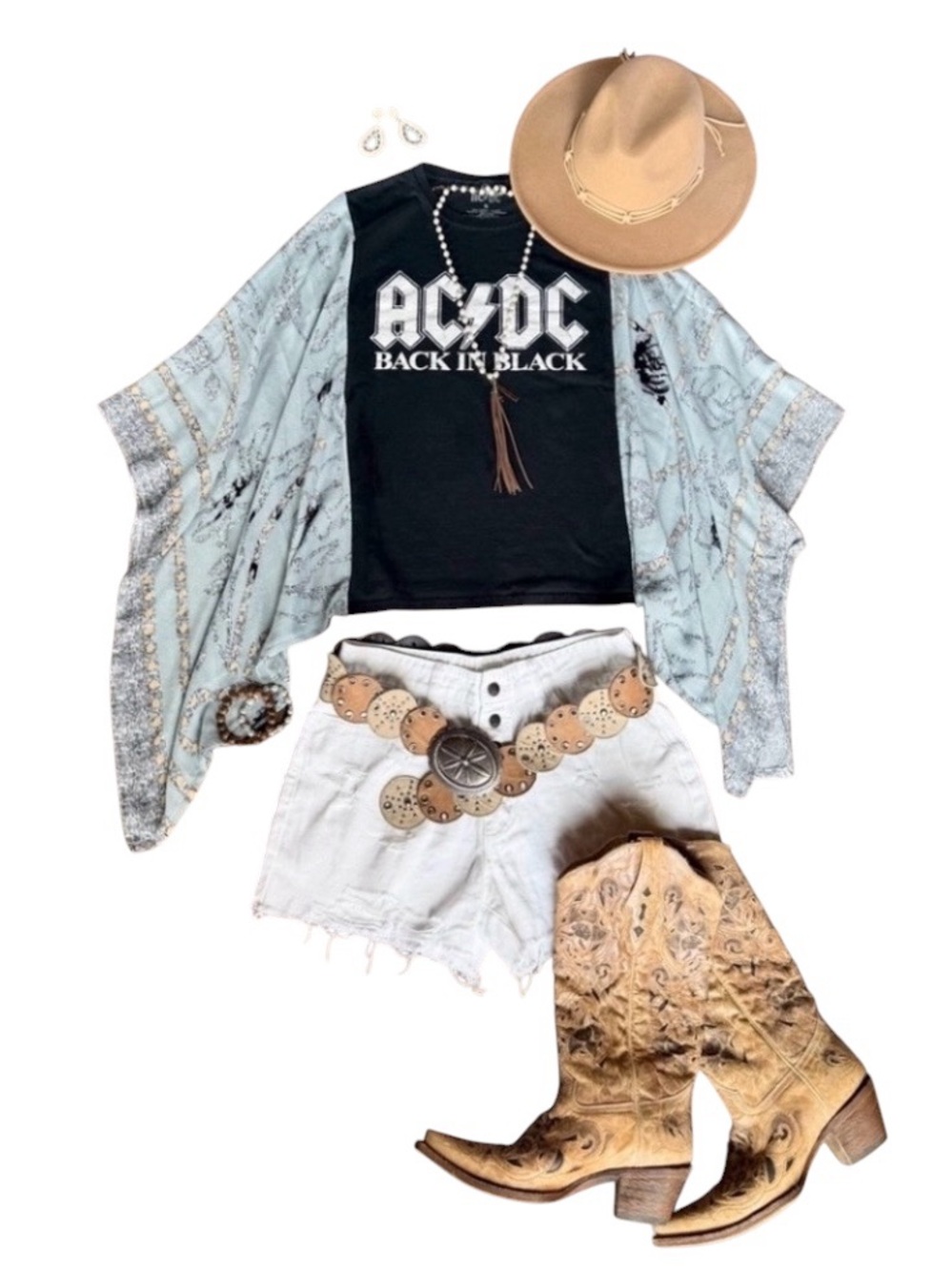 AC/DC Upcycled Band Tee Boho Western Gypsy Chic Flowy Sleeves Small/Medium/Large